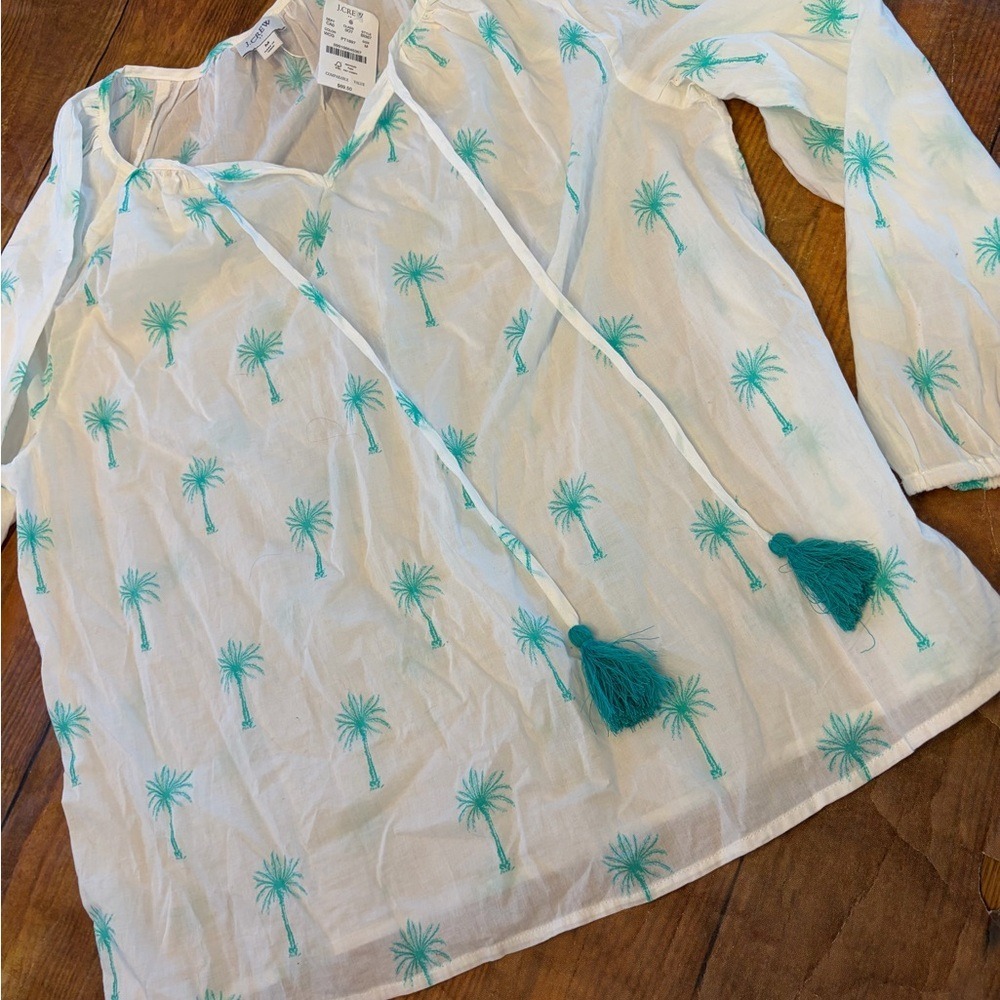 J.Crew Palm Tree Beach Resort White Tassel Tie Cotton Voile Blouse Top Medium